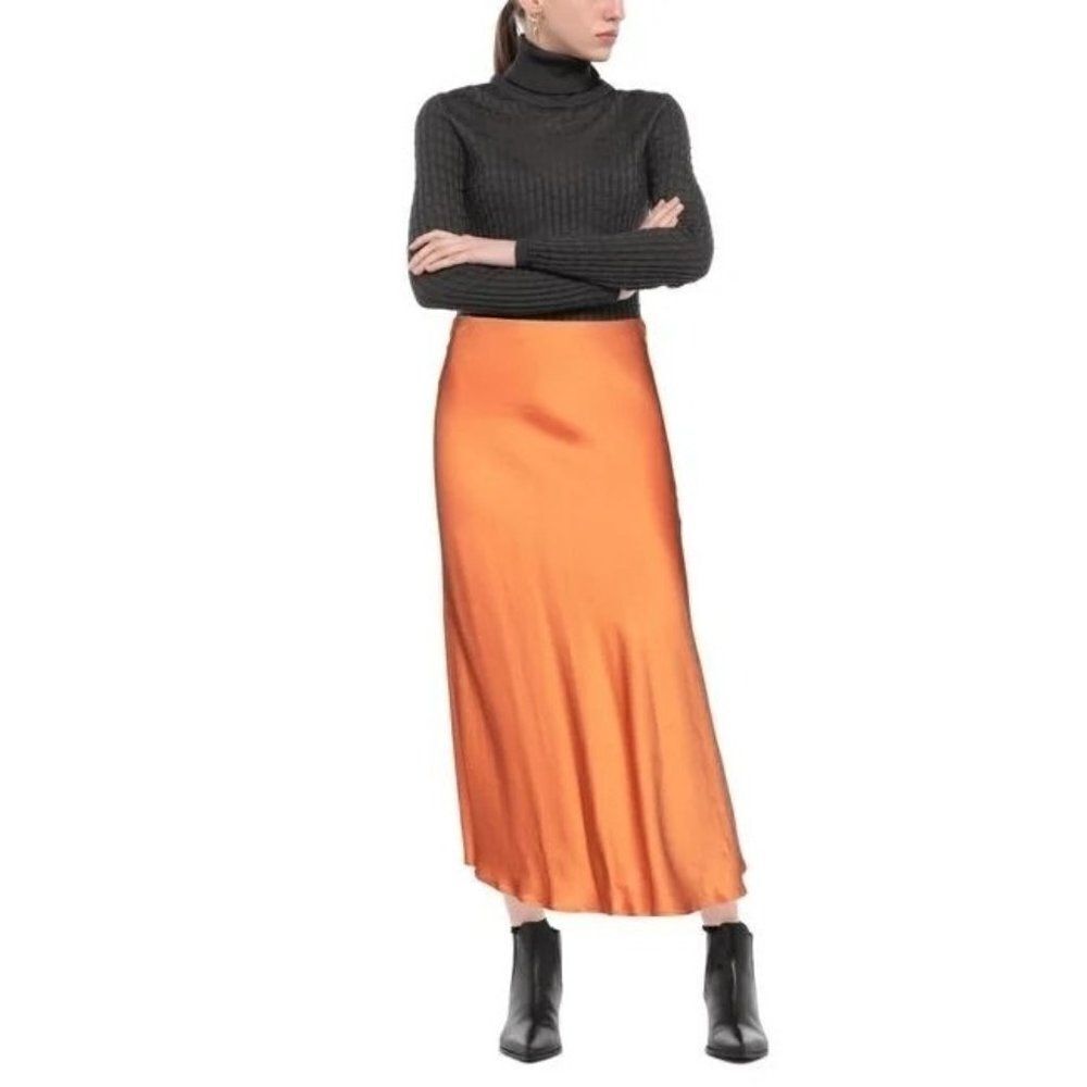 Krisa Women's Casual High Waisted Satin Maxi Skirt Pull On Solid Orange Size L